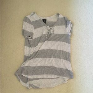 Gray/White Striped Short Sleeve Lace-Up Tee